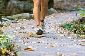 Legs of woman jogger on path with autumn leaves